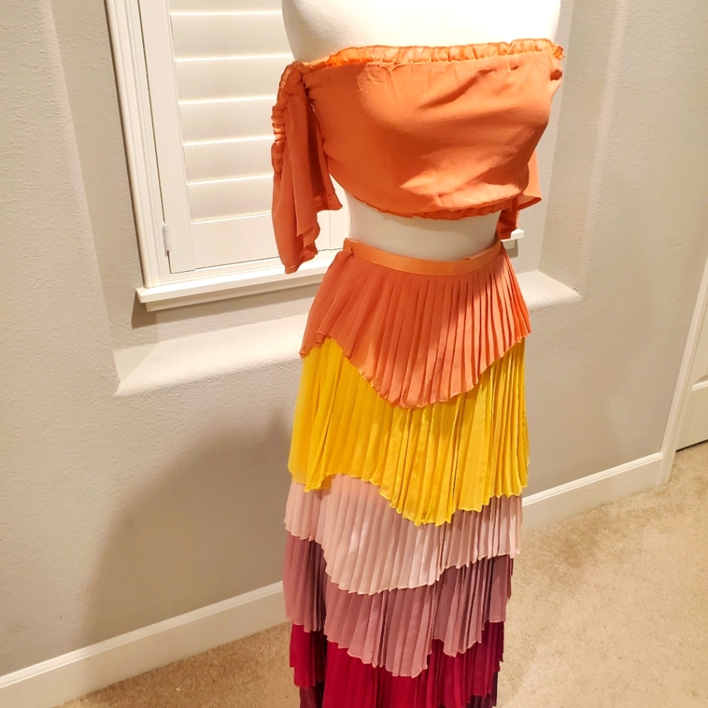 Two piece crop top and layered maxi skirt set